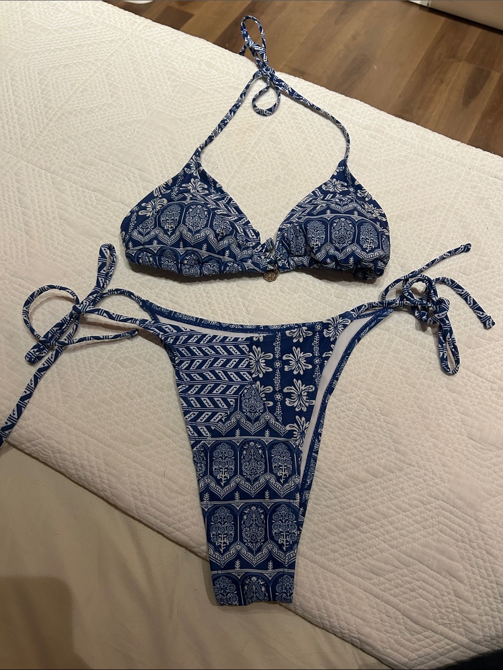 Blue Patterned Tie-Side Triangle Bikini Set